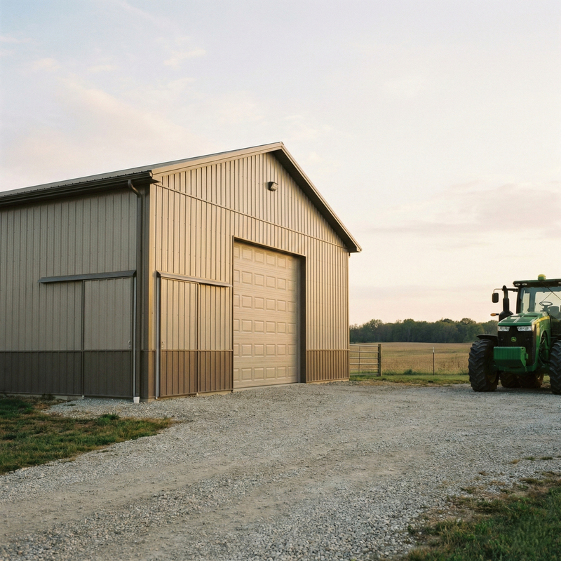 Indiana pole barn garage by WVPFCO with large metal exterior and tractor access for agricultural equipment storage