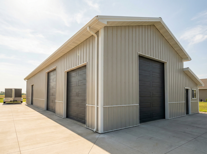 Indiana post frame commercial building by WVPFCO with multiple overhead doors and modern industrial workspace layout