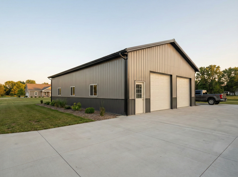 Two-story post frame metal building with overhead garage doors and durable exterior construction in Indiana — WVPFCO concept